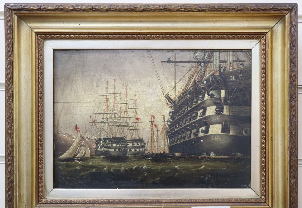 19th century English School, oil on wooden panel, Warships at sea, 19 x 26cm